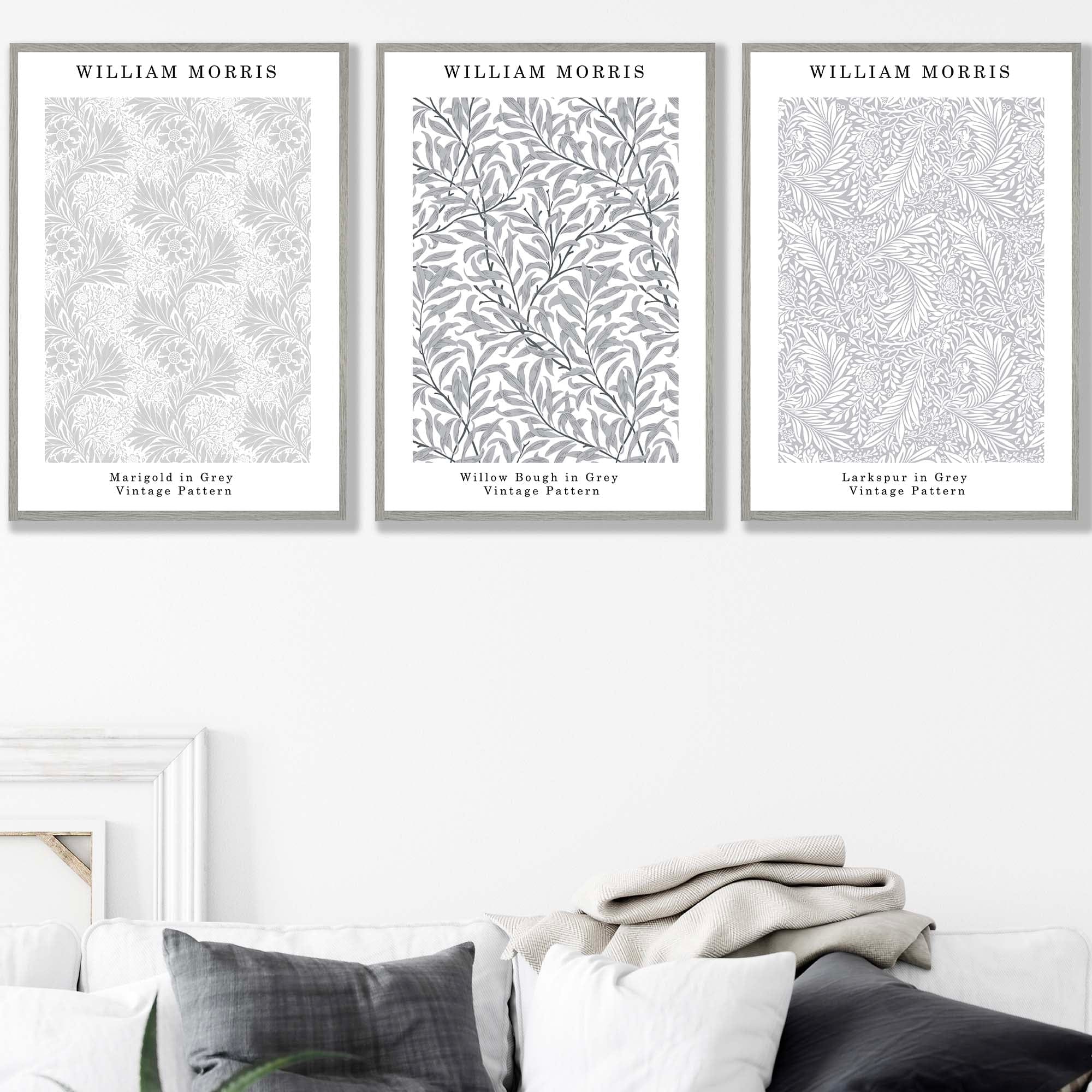 William Morris Vintage Floral Wall Art Prints in Light Grey