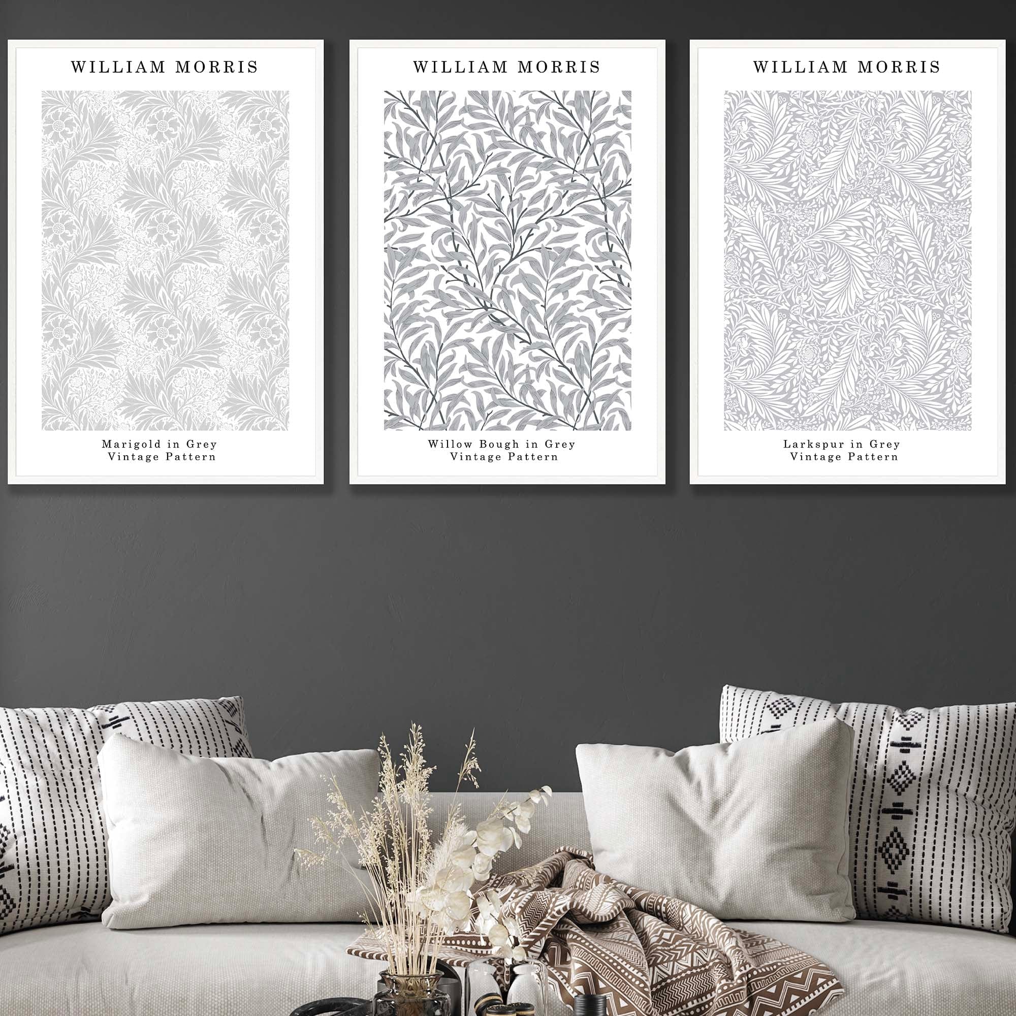 William Morris Vintage Floral Wall Art Prints in Light Grey