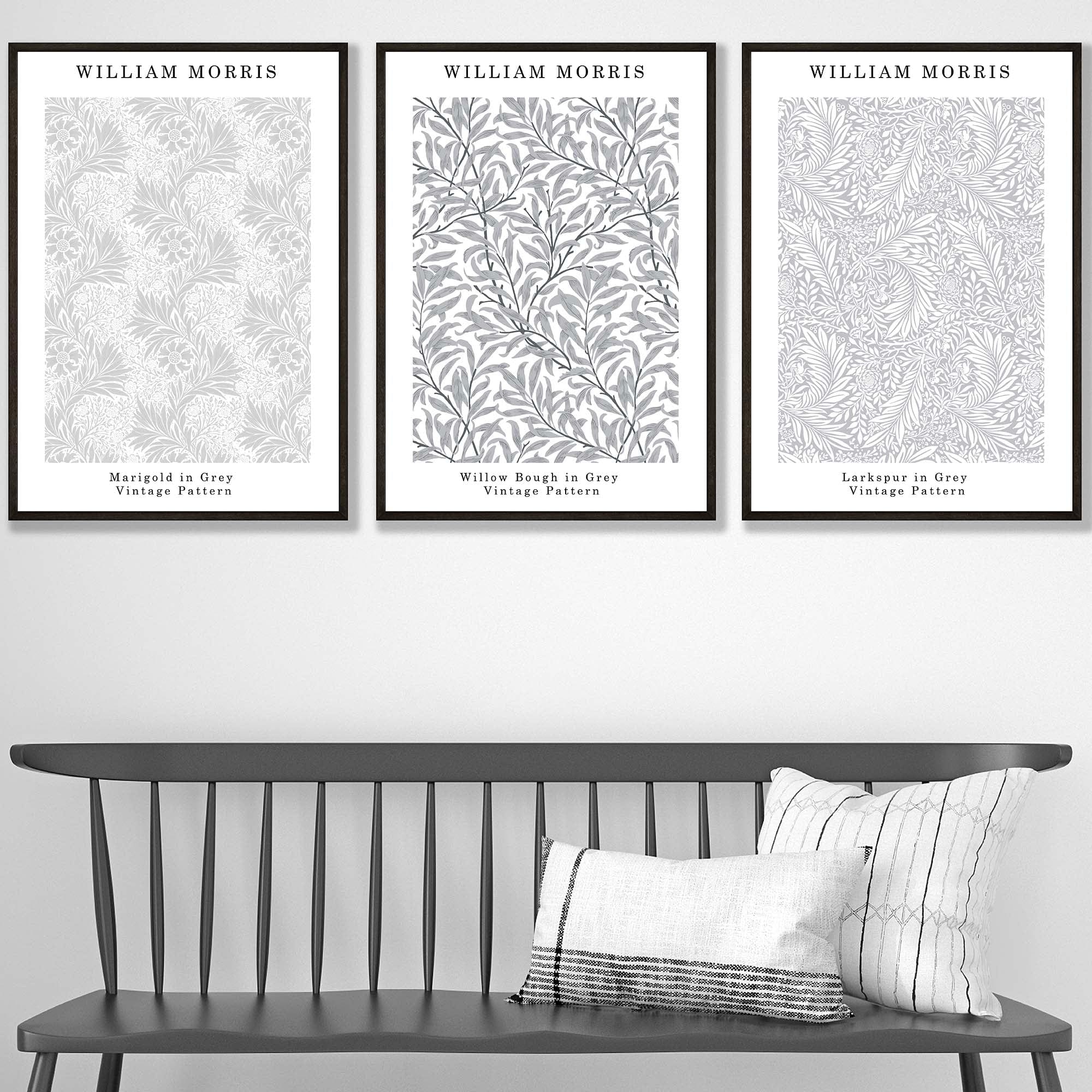 William Morris Vintage Floral Wall Art Prints in Light Grey