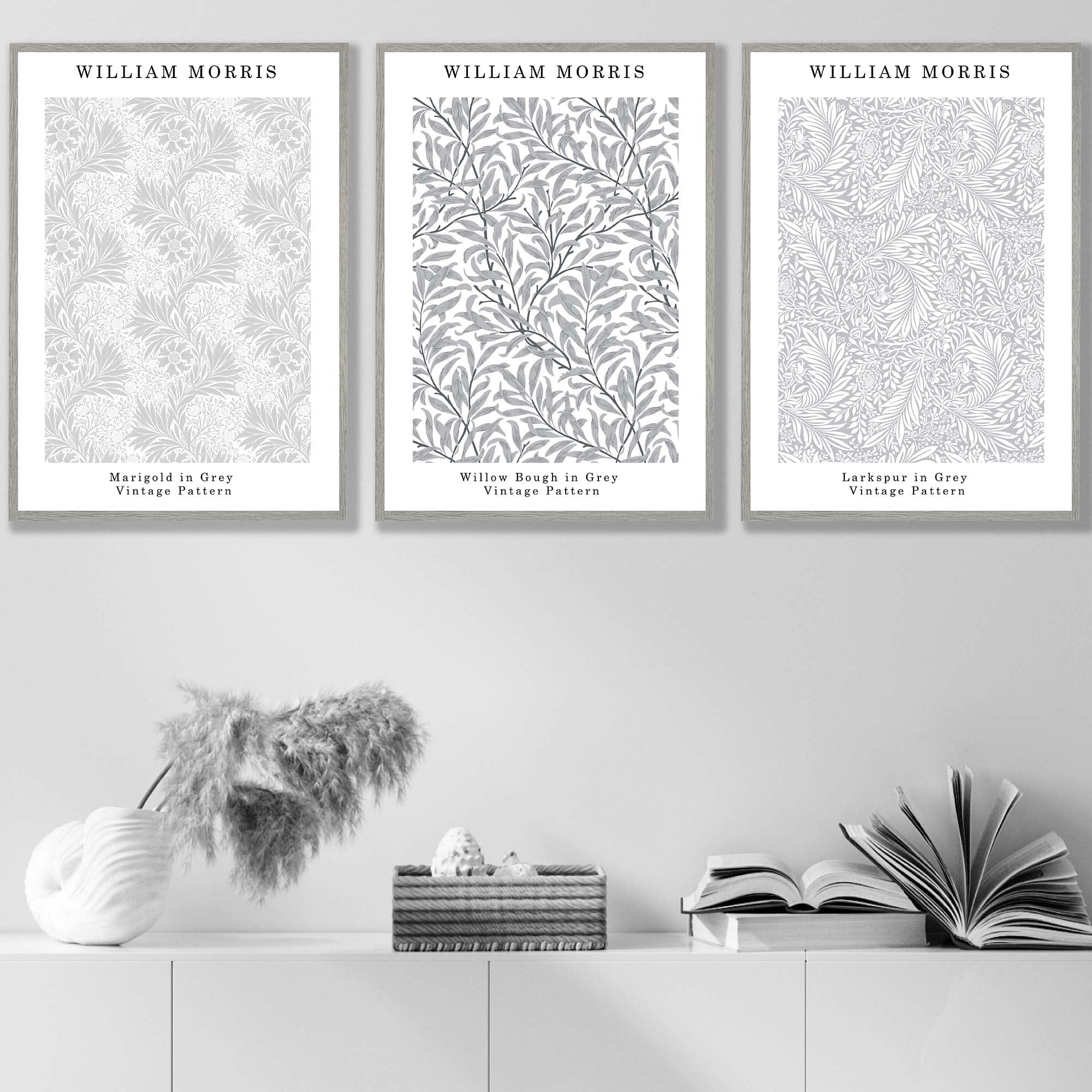 William Morris Vintage Floral Wall Art Prints in Light Grey