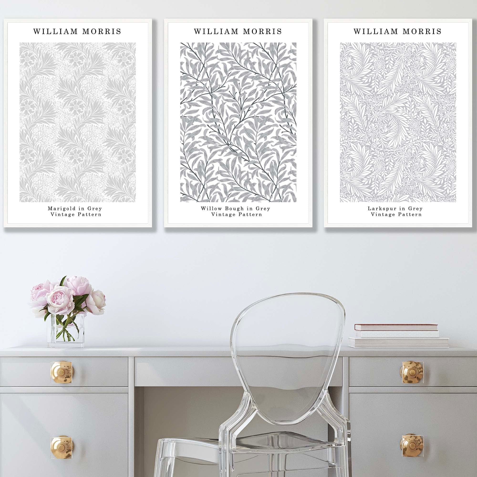 William Morris Vintage Floral Wall Art Prints in Light Grey