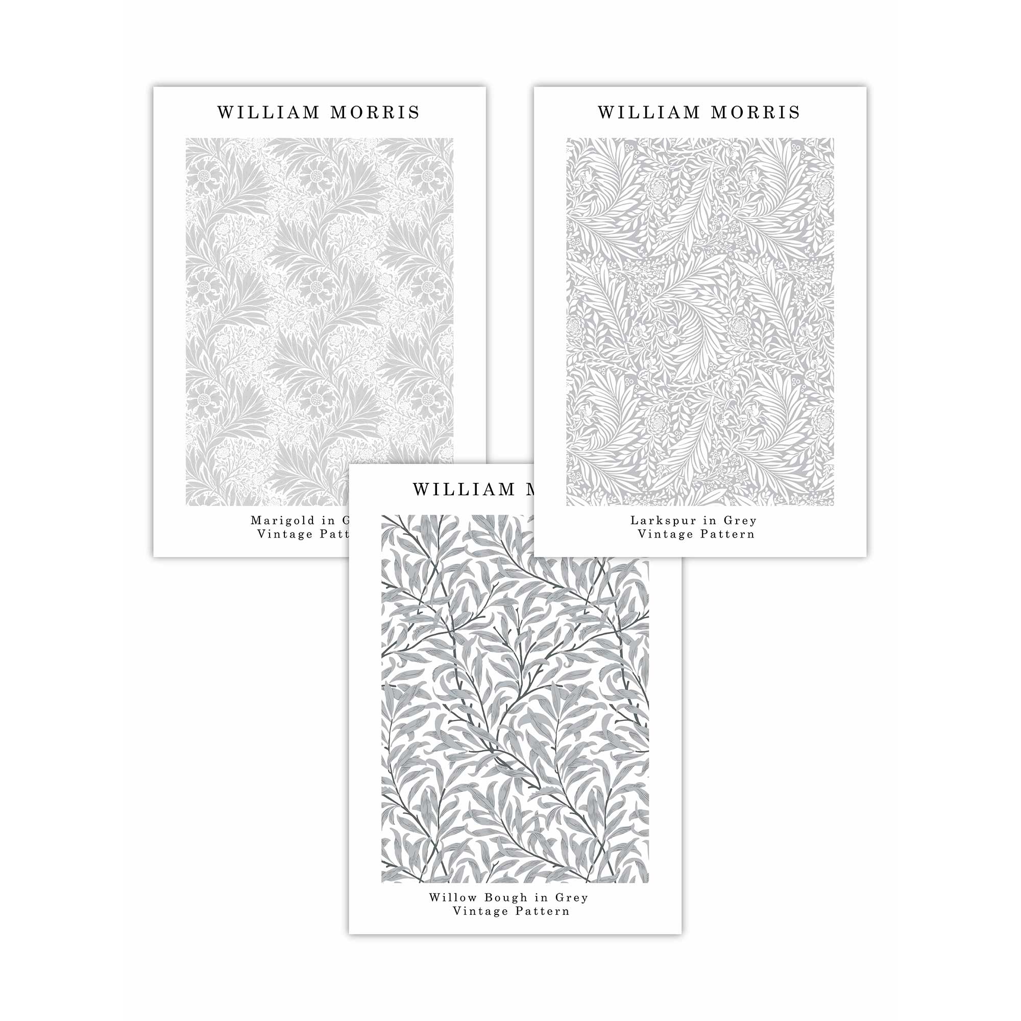 William Morris Vintage Floral Wall Art Prints in Light Grey