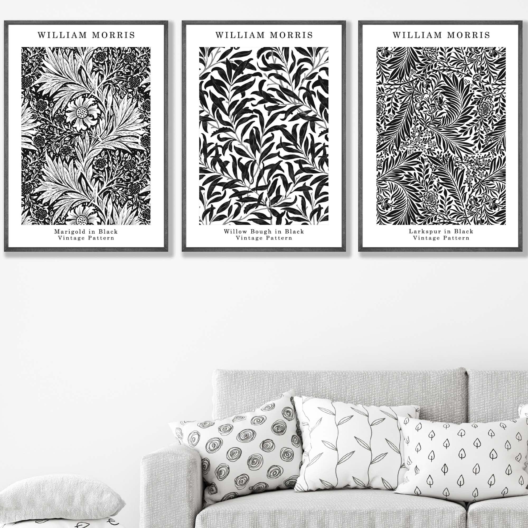 William Morris Vintage Floral Wall Art Prints in Black and White