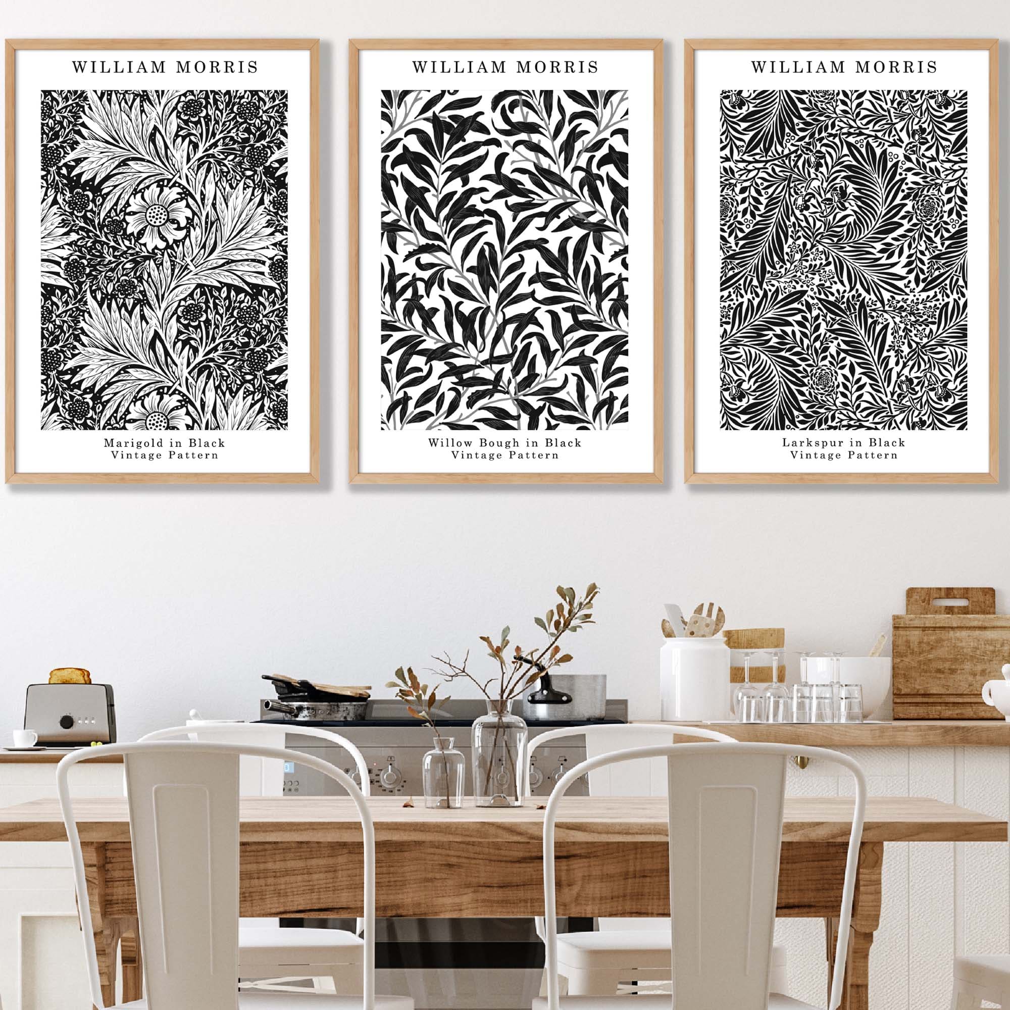 William Morris Vintage Floral Wall Art Prints in Black and White