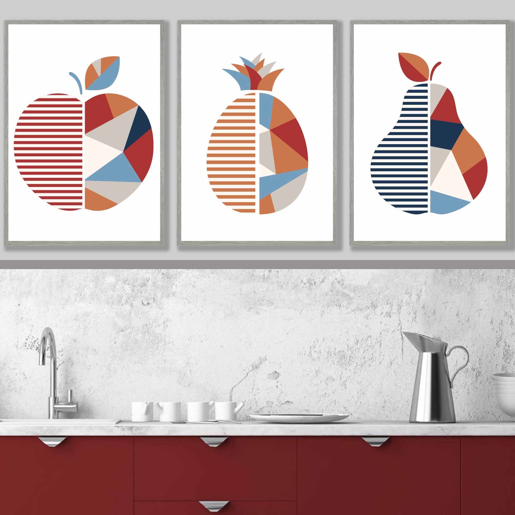 Set of 3 Red Blue Orange Geometric Apple Pineapple Pear Fruit Wall Art