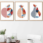 Set of 3 Red Blue Orange Geometric Apple Pineapple Pear Fruit Wall Art