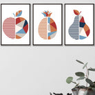 Set of 3 Red Blue Orange Geometric Apple Pineapple Pear Fruit Wall Art