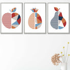 Set of 3 Red Blue Orange Geometric Apple Pineapple Pear Fruit Wall Art