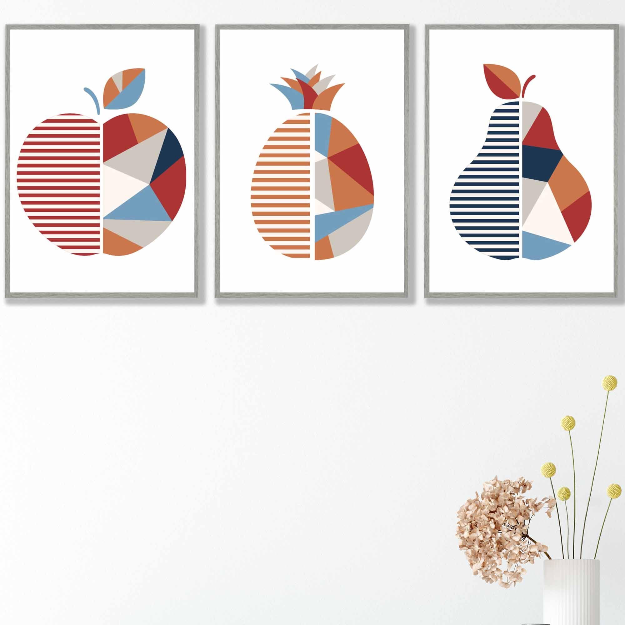 Set of 3 Red Blue Orange Geometric Apple Pineapple Pear Fruit Wall Art