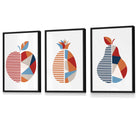 Set of 3 FRAMED Geometric Apple Pineapple Pear Fruit Kitchen Wall Art in Red, Blue and Orange | Artze Wall Art UK