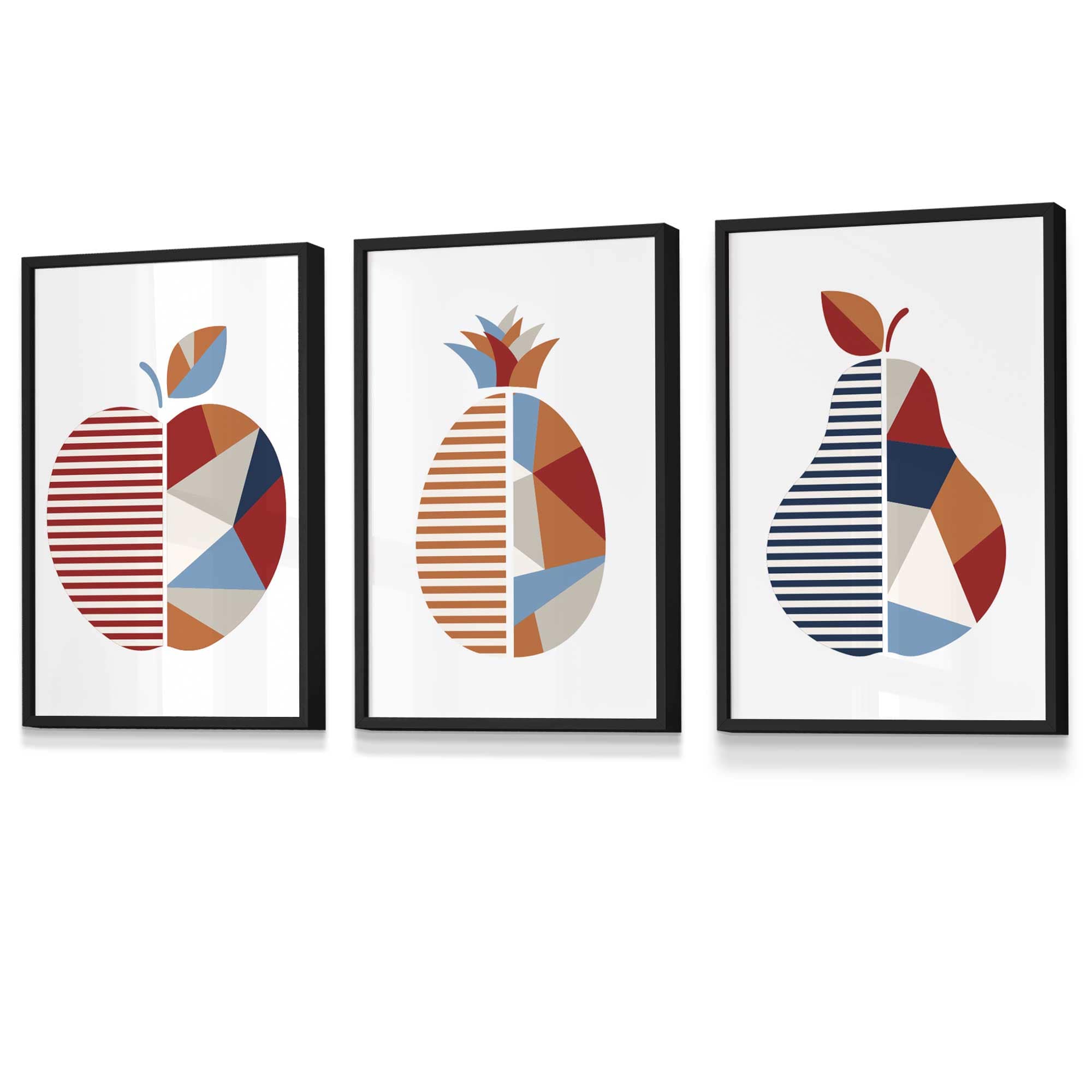 Set of 3 FRAMED Geometric Apple Pineapple Pear Fruit Kitchen Wall Art in Red, Blue and Orange | Artze Wall Art UK