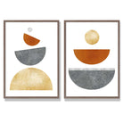 Mid Century Modern Orange and Grey Set of 2 Art Prints with Walnut Frame