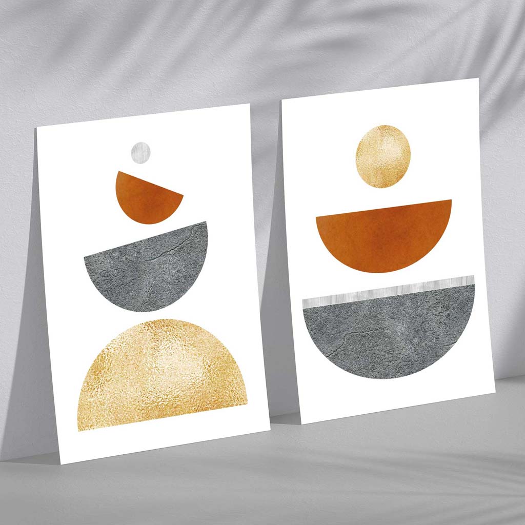Mid Century Modern Orange and Grey Set of 2 Art Prints