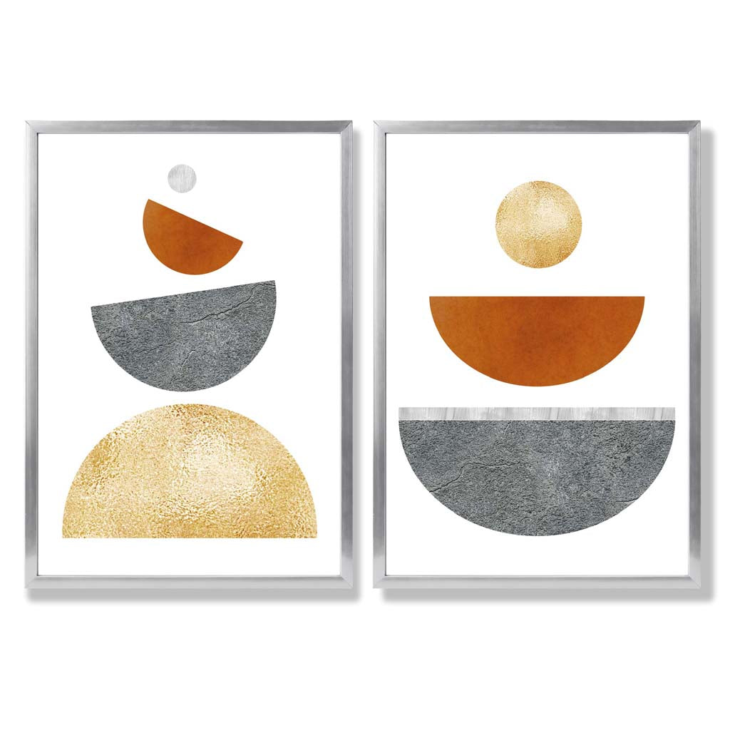 Mid Century Modern Orange and Grey Set of 2 Art Prints with Silver Frame
