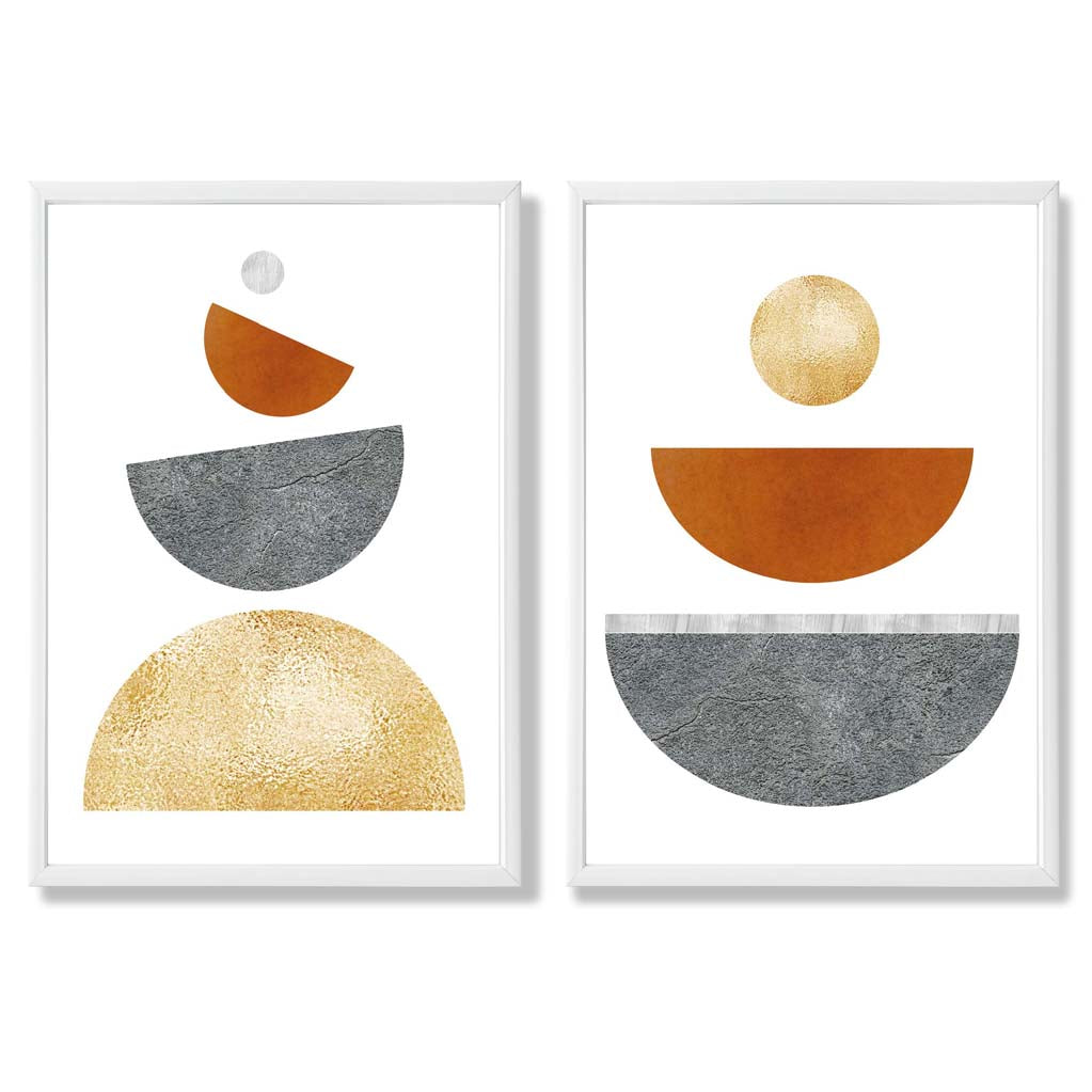Mid Century Modern Orange and Grey Set of 2 Art Prints with White Frame