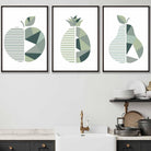 Set of 3 Sage Green Geometric Apple Pineapple Pear Fruit Wall Art