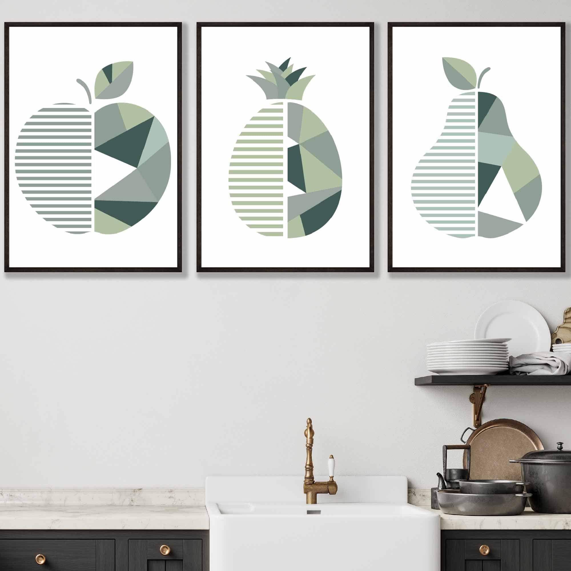 Set of 3 Sage Green Geometric Apple Pineapple Pear Fruit Wall Art