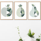 Set of 3 Sage Green Geometric Apple Pineapple Pear Fruit Wall Art