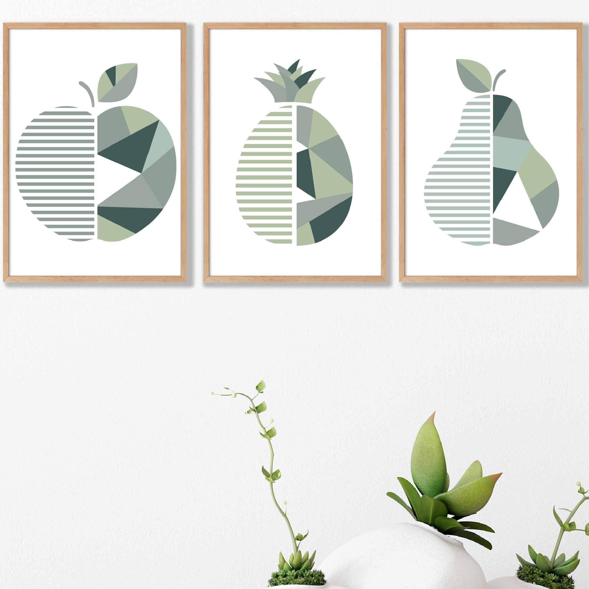 Set of 3 Sage Green Geometric Apple Pineapple Pear Fruit Wall Art