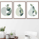 Set of 3 Sage Green Geometric Apple Pineapple Pear Fruit Wall Art
