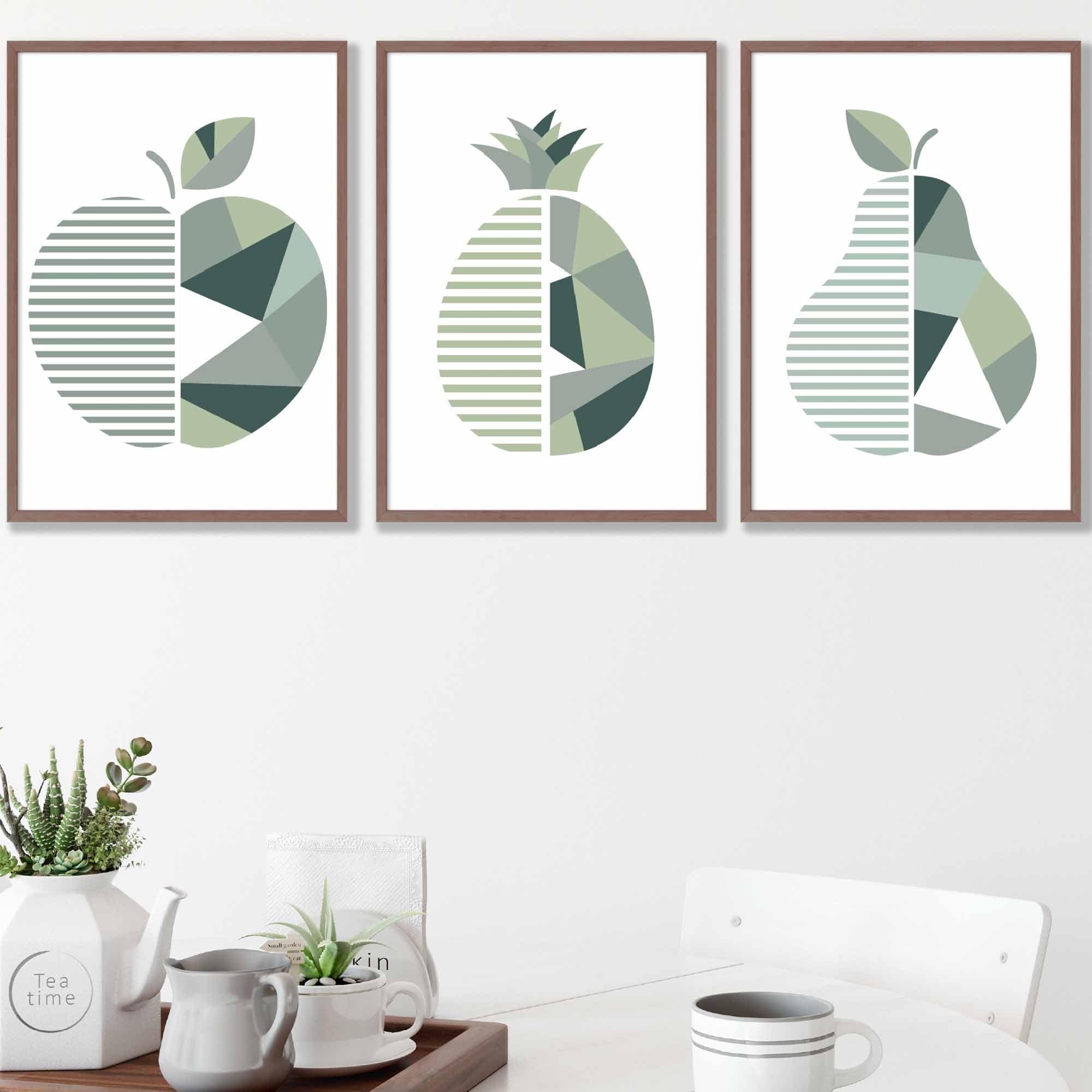 Set of 3 Sage Green Geometric Apple Pineapple Pear Fruit Wall Art