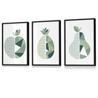 Set of 3  FRAMED Kitchen Wall Art Prints of Geometric Pear, Pineapple and Apple in Shades of Sage Green | Artze Wall Art UK
