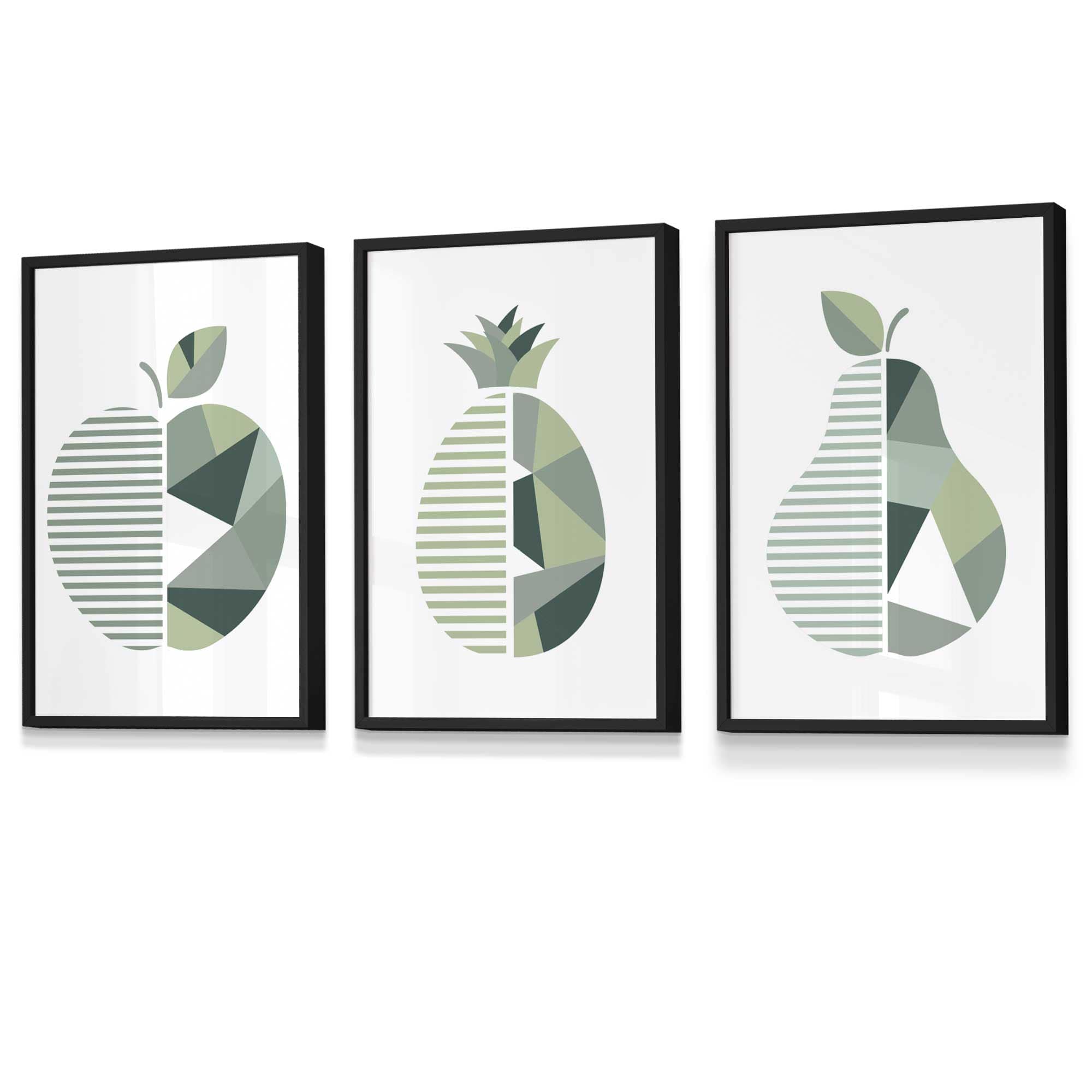 Set of 3  FRAMED Kitchen Wall Art Prints of Geometric Pear, Pineapple and Apple in Shades of Sage Green | Artze Wall Art UK