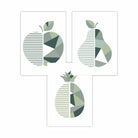 Set of 3 Sage Green Geometric Apple Pineapple Pear Fruit Wall Art