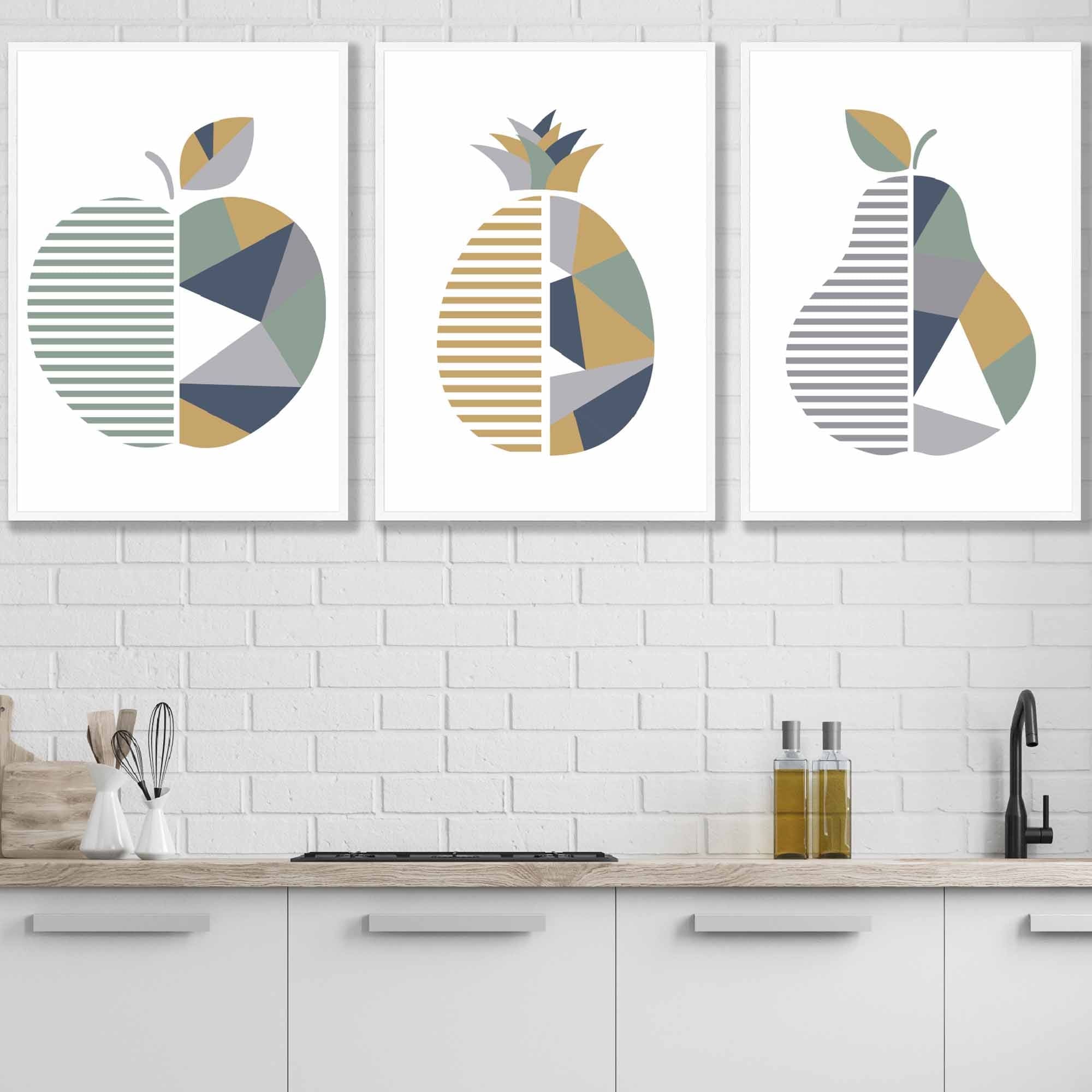 Set of 3 FRAMED Geometric  Fruit Kitchen Wall Art in Sage Green, Navy, Yellow | Artze Wall Art UK