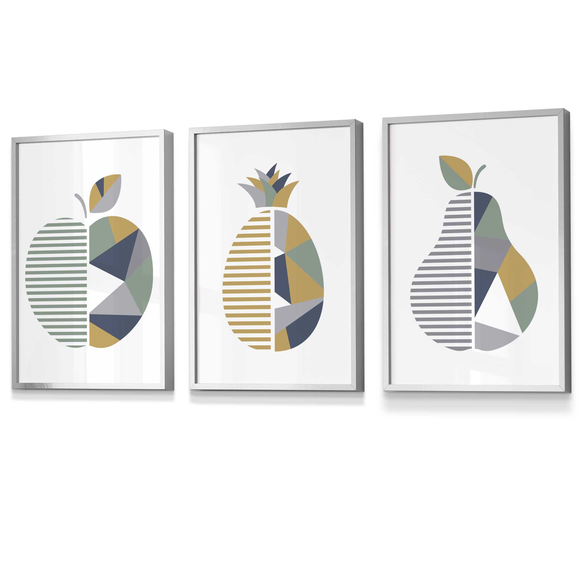 Set of 3 FRAMED Geometric  Fruit Kitchen Wall Art in Sage Green, Navy, Yellow | Artze Wall Art UK