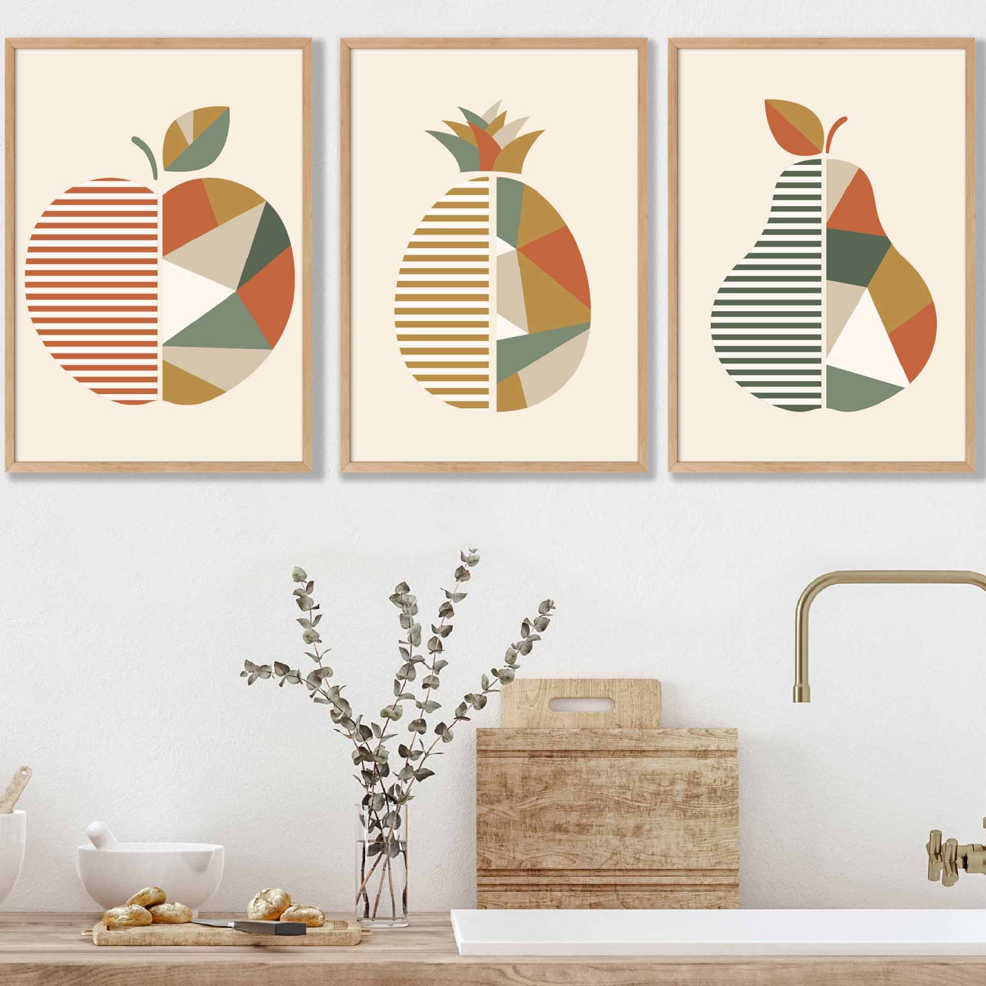 Set of 3 Autumn Geometric Apple Pear Fruit Wall Art