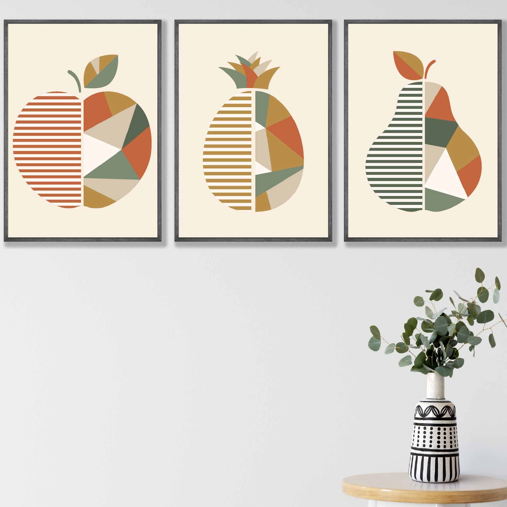 Set of 3 Autumn Geometric Apple Pear Fruit Wall Art