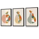 Set of 3 Framed Autumn Geometric Apple Pear Fruit Wall Art in Sage Green, Beige and Orange | Artze Wall Art UK