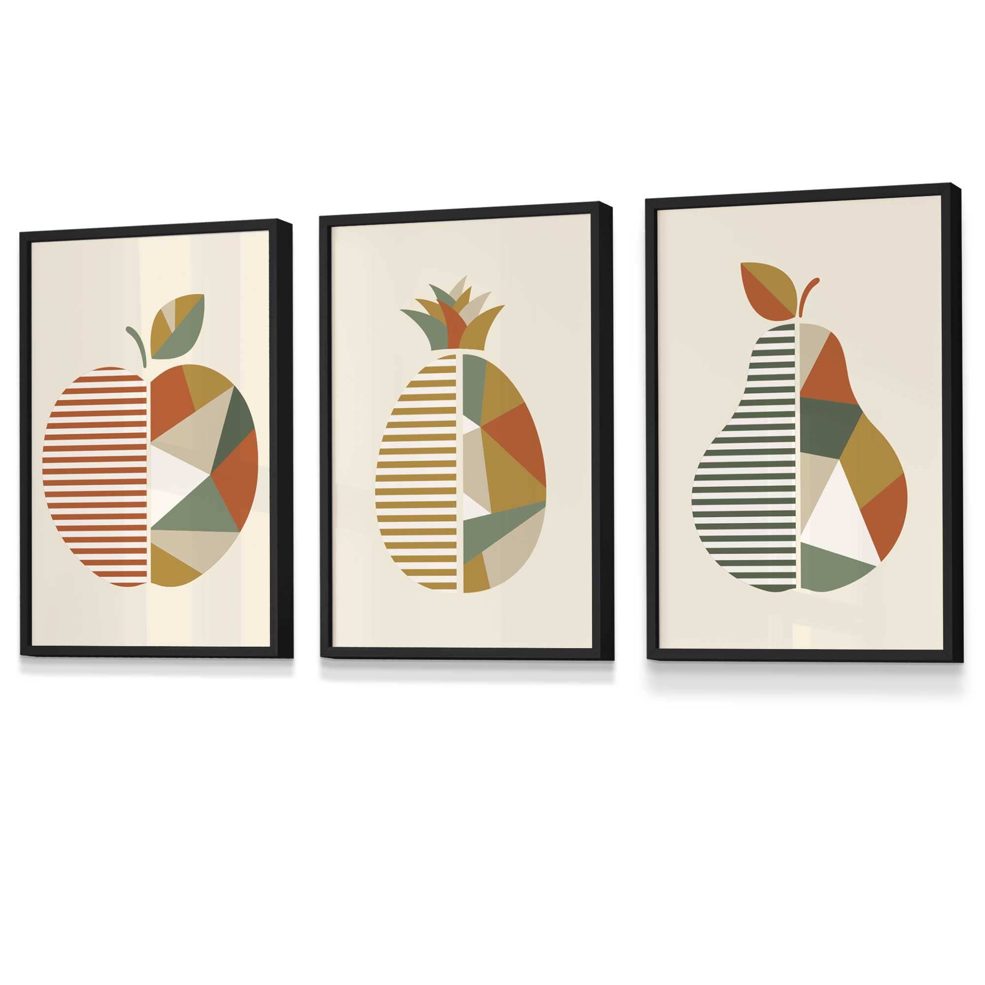 Set of 3 Framed Autumn Geometric Apple Pear Fruit Wall Art in Sage Green, Beige and Orange | Artze Wall Art UK