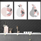 Set of 3 Blush Pink Geometric Apple Pear Fruit Wall Art