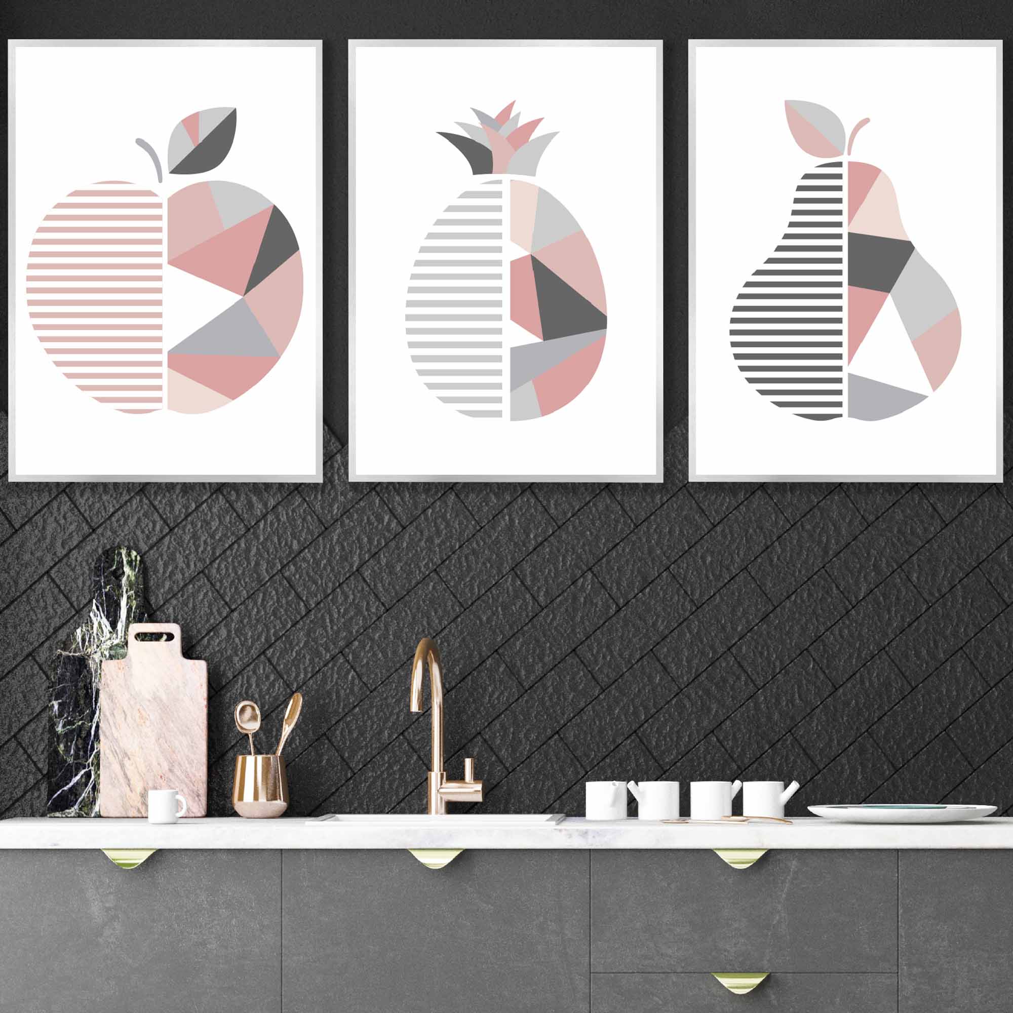 Set of 3 Blush Pink Geometric Apple Pear Fruit Wall Art
