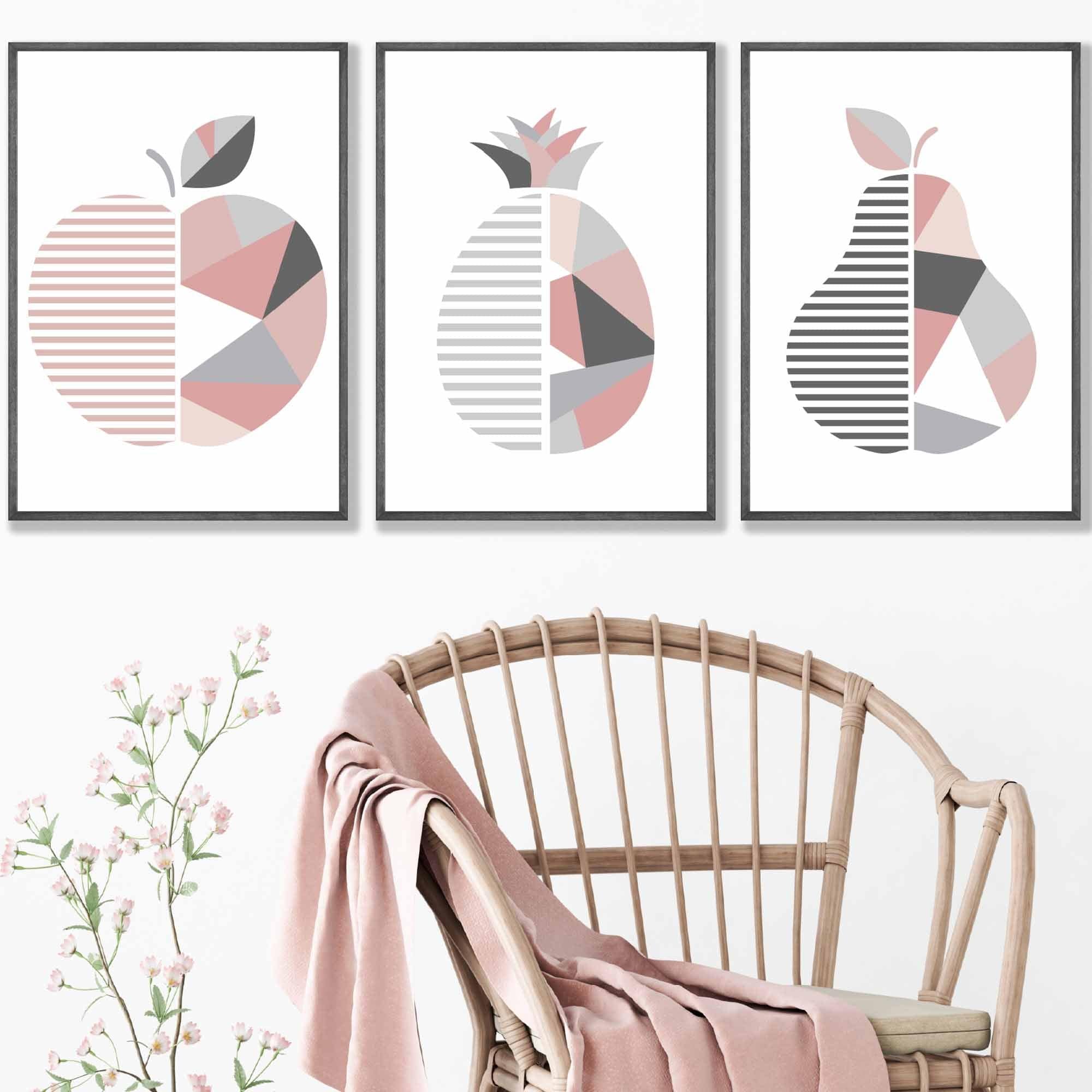 Set of 3 Blush Pink Geometric Apple Pear Fruit Wall Art