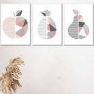 Set of 3 Blush Pink Geometric Apple Pear Fruit Wall Art