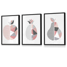 Set of 3 FRAMED Blush Pink and Grey Geometric Line Wall Art Fruit Featuring Apple Pear and Pineapple | Artze Wall Art UK