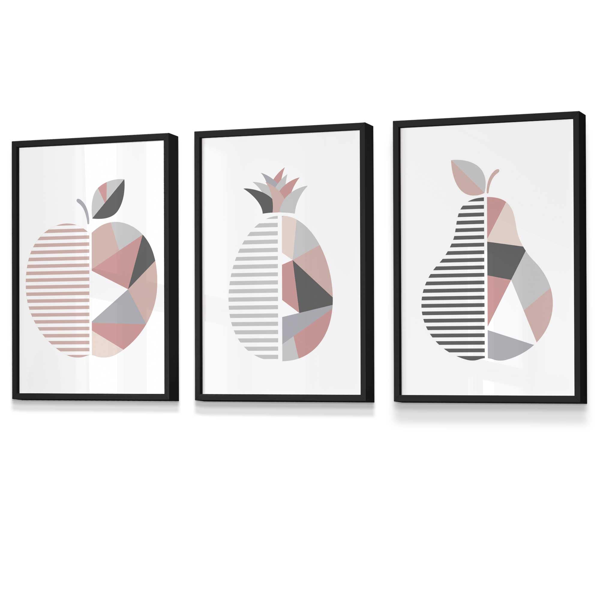 Set of 3 FRAMED Blush Pink and Grey Geometric Line Wall Art Fruit Featuring Apple Pear and Pineapple | Artze Wall Art UK