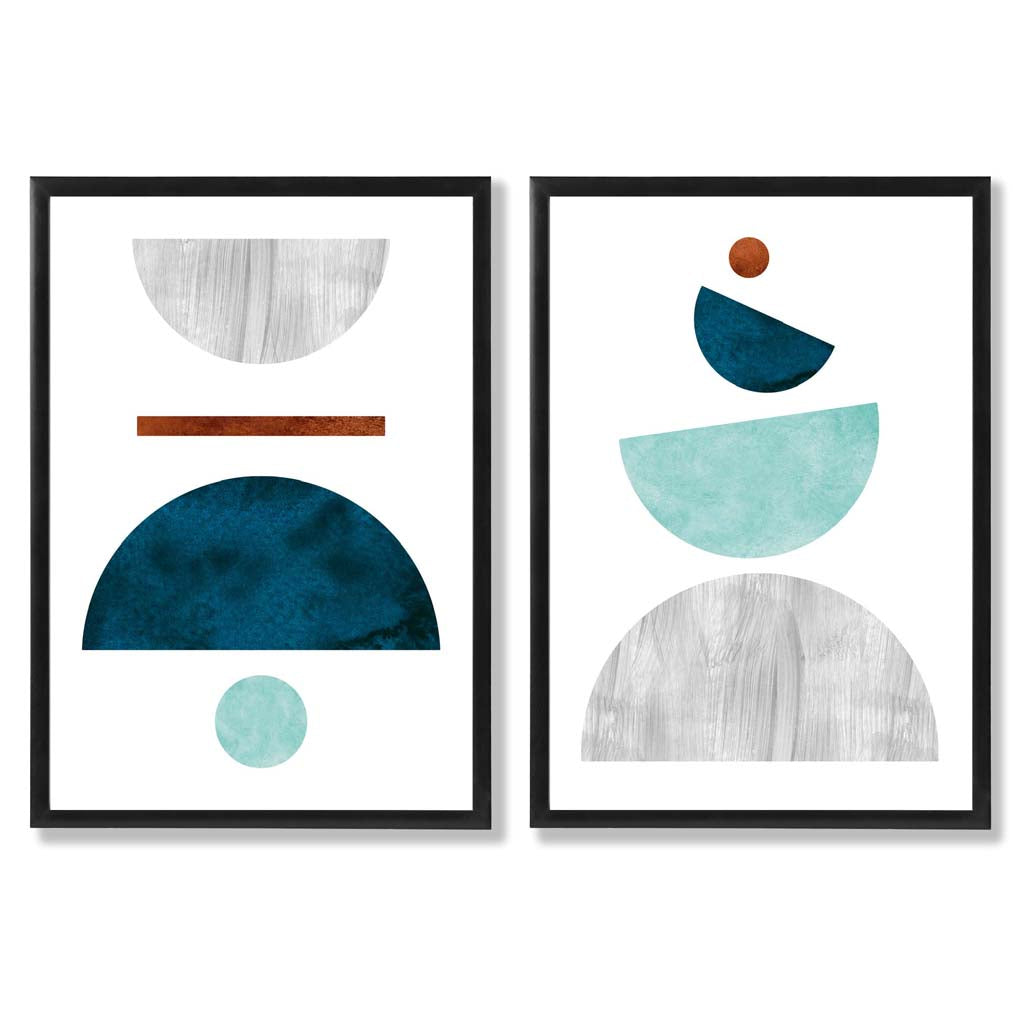 Mid Century Modern Aqua and Grey Set of 2 Art Prints with Black Frame