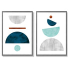 Mid Century Modern Aqua and Grey Set of 2 Art Prints with Dark Grey Frame