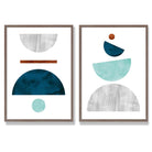 Mid Century Modern Aqua and Grey Set of 2 Art Prints with Walnut Frame