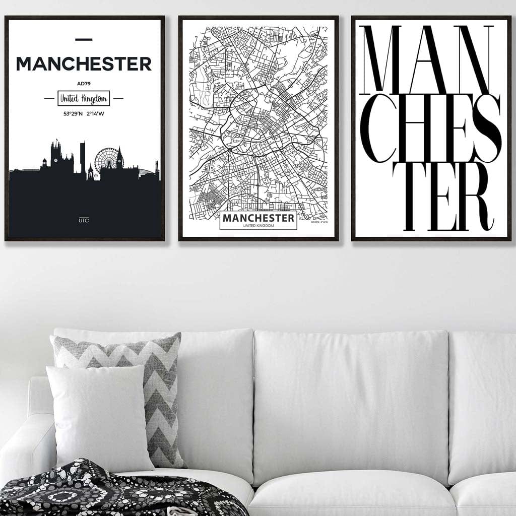 Set of 3 Manchester Skyline Street Map City Prints