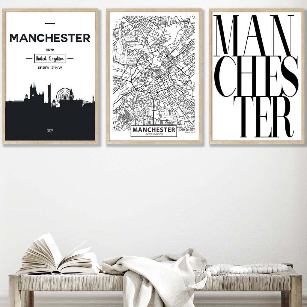 Set of 3 Manchester Skyline Street Map City Prints