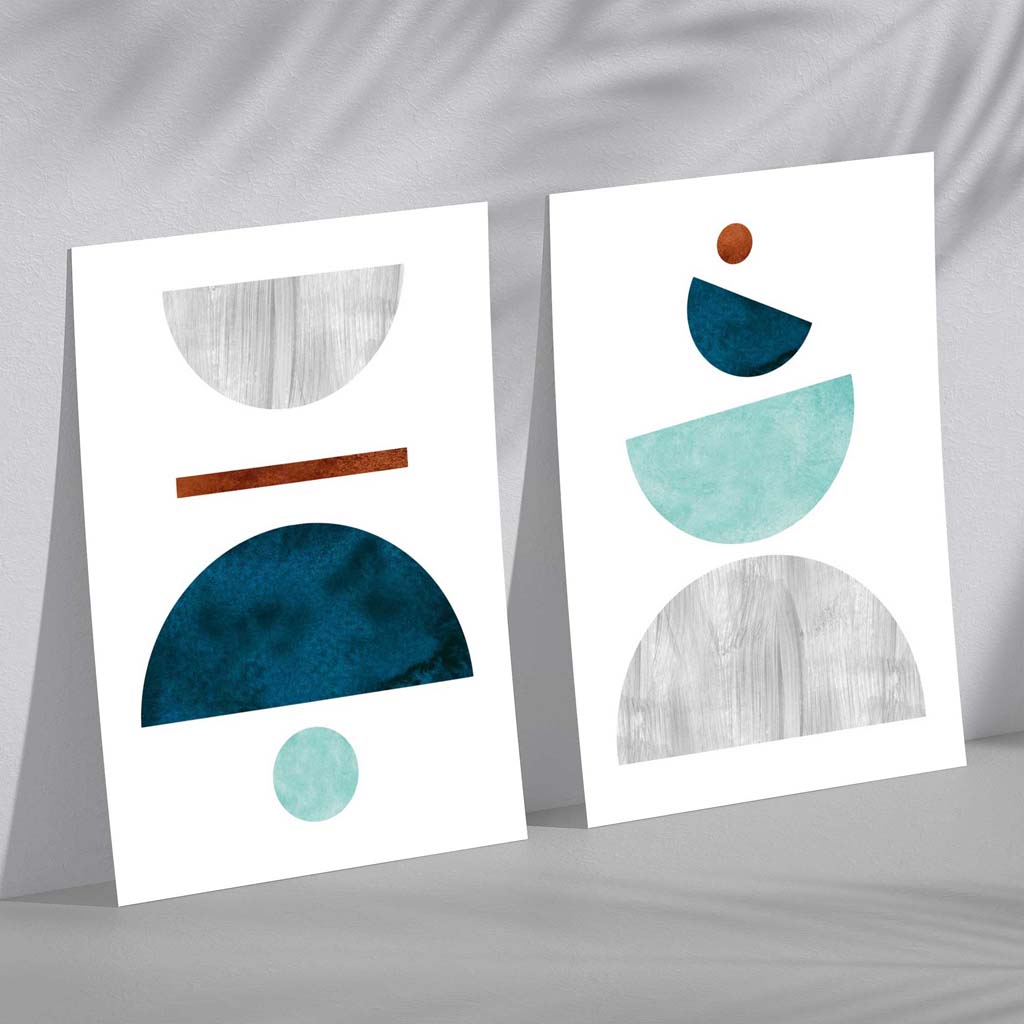 Mid Century Modern Aqua and Grey Set of 2 Art Prints
