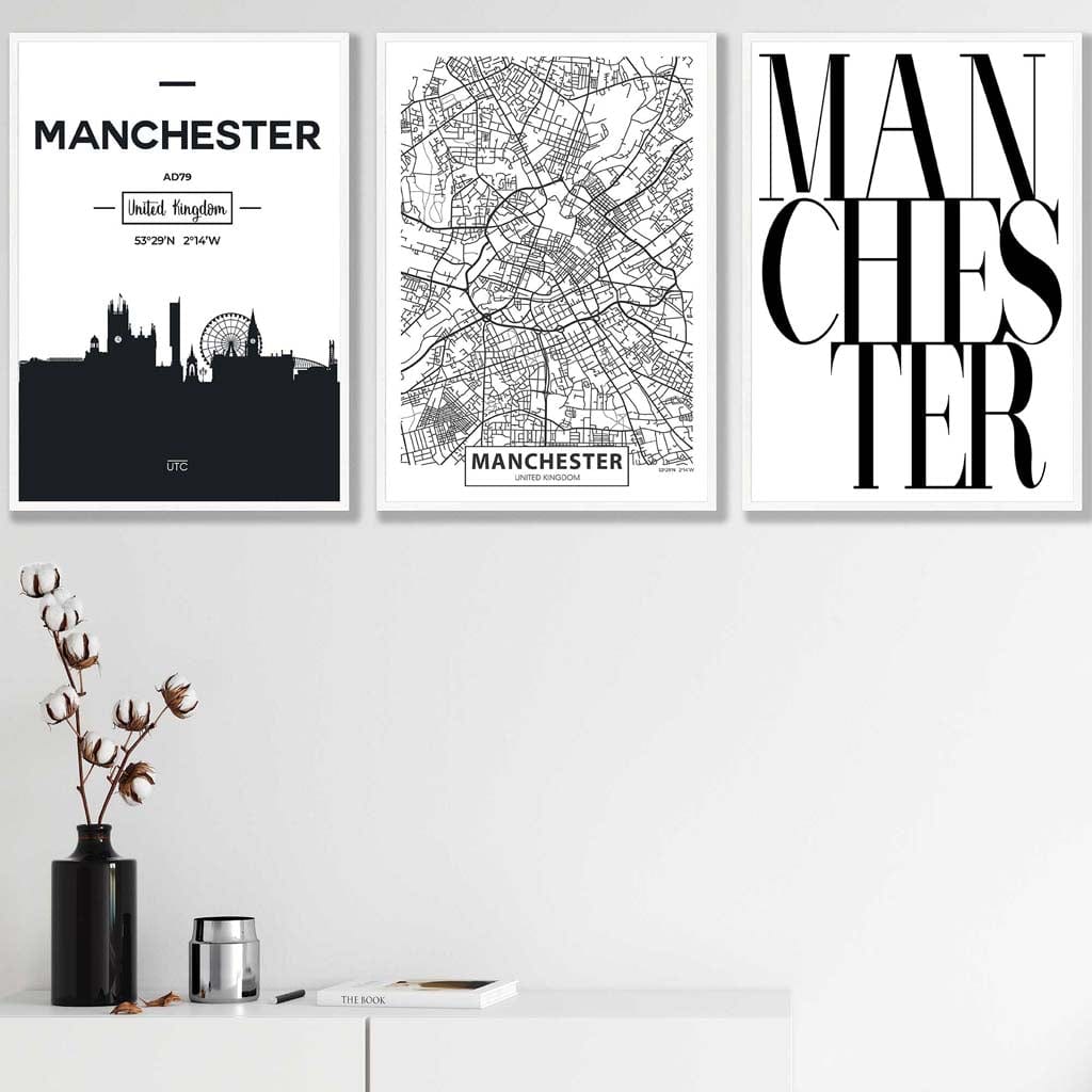 Set of 3 Manchester Skyline Street Map City Prints