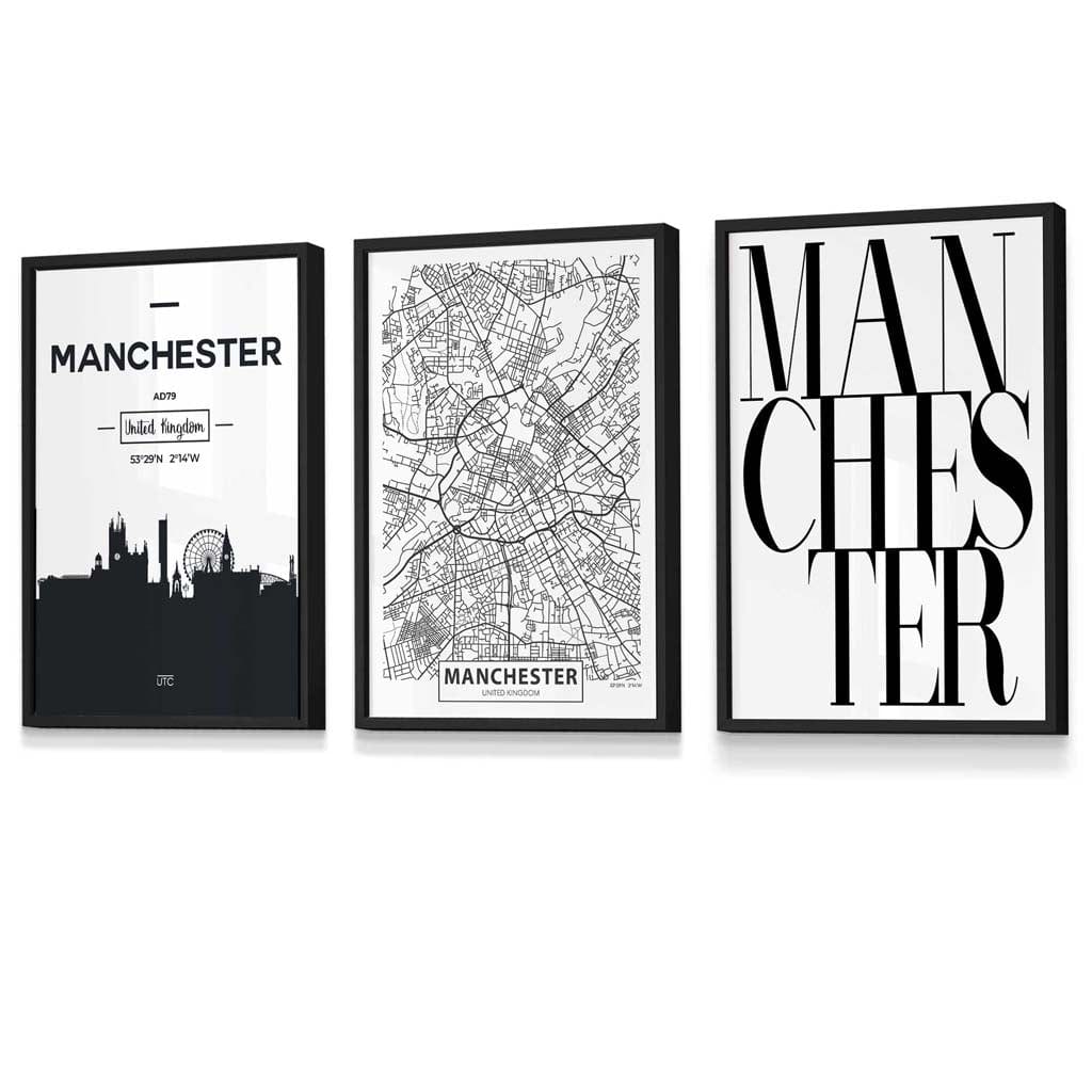 Framed Set of 3 Manchester City Skyline Prints | Artze Wall Art UK