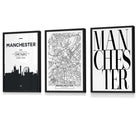 Framed Set of 3 Manchester City Skyline Prints | Artze Wall Art UK