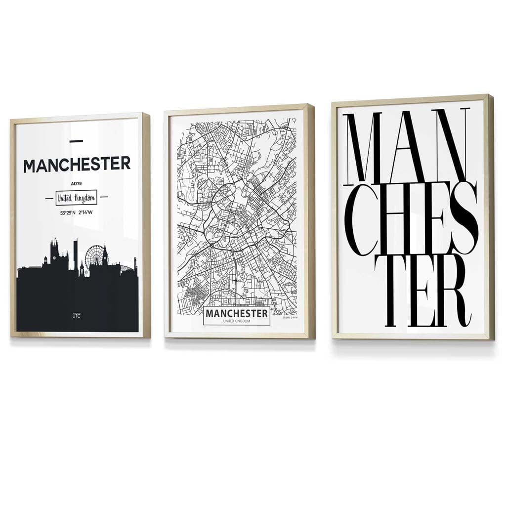 Framed Set of 3 Manchester City Skyline Prints | Artze Wall Art UK